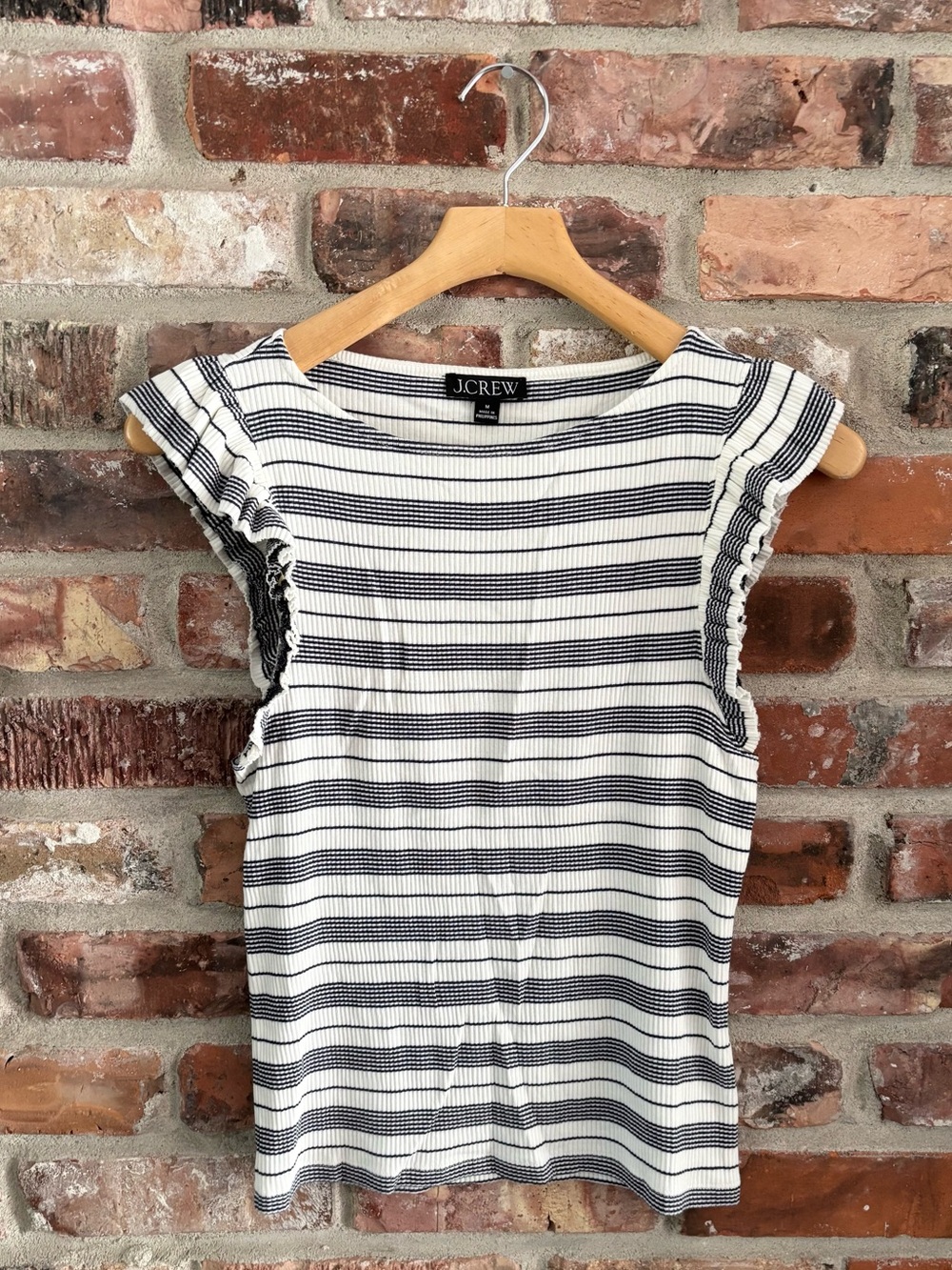 J. Crew Ribbed Ruffle Sleeve Black White Stripe Shirt Top, M
